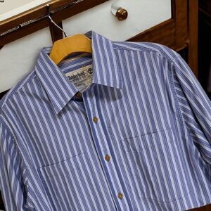 Timberland Men's Size Small Blue white stripe Corded detail Button up shirt